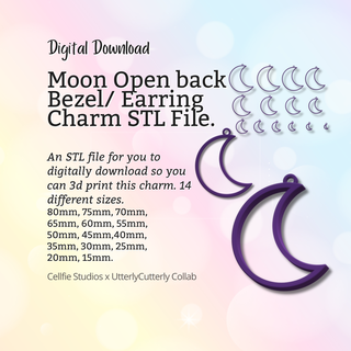 moon earring charm stl file - digital download -14 sizes- necklace keyring celestial design Jewelry bezel finding jewellery jewelry resin flower making mold boho chick fashion 3d print model - Mito3D