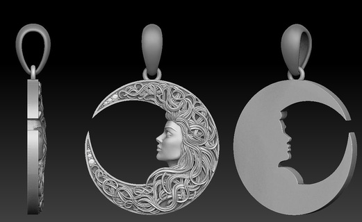 moon pendant 3d print model Jewelry animal sculpture medallion jewelry relief bas carve statue girl 3d print model - Mito3D