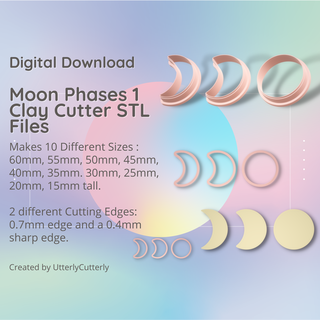 moon phases clay cutter - stl digital file download- 10 sizes 2 versions earring polymer geometric embossed hexagon utterlycutterly utterly cutterly cookie fondant organic shape indie fashion 3d print model - Mito3D