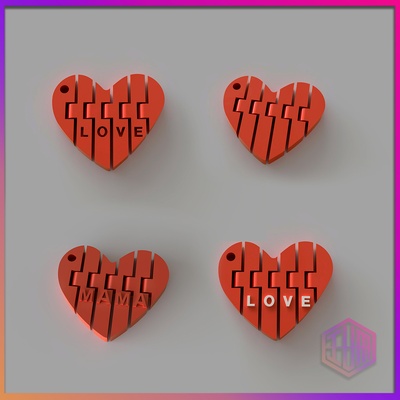mother's day articulated heart keychain set pack gift love key ring embossed 3d print model - Mito3D
