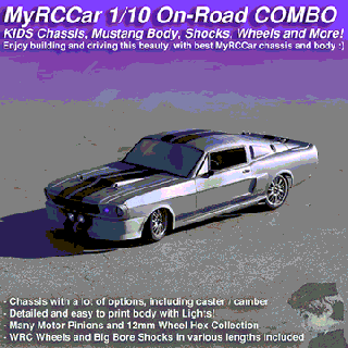 mirccar completo on road rc carro combo 1967 mustang corpo crianças chassis rodas choques hex motor pinhões mrcc turnê deriva 4x4 eleanor gt500 dlb5 1 10 3d print model - Mito3D