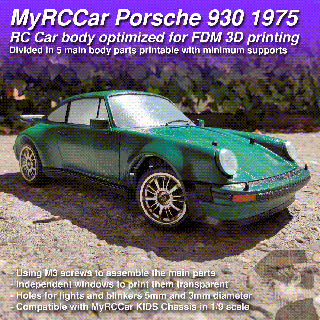 myrccar porsche 911 turbo 930 1975 rc car body mrcc carrera on-road touring drifting kids chassis 1 10 9 lights 3d print model - Mito3D