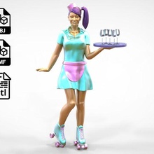 n1 style waitress roller skates miniature toy human miniatures posing character person printable standing woman lady beautiful ponytail pretty old-style short-skirt tray beverage figurines 3d print model - Mito3D