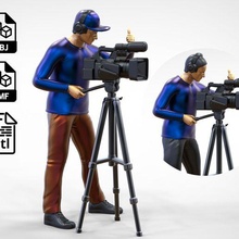 n2 camarógrafo sombrero auricular cámara trípode miniatura humano miniaturas posando personaje persona imprimible pie hombre personas chaleco grabación vídeo hombro reportando 1 64 3d print figuritas 3d print model - Mito3D