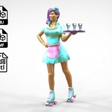 n2 style waitress roller skates 3d miniature miniatures posing character person printable standing woman lady beautiful ponytail pretty tray beverage old-style short-skirt 3d-print figurines 3d print model - Mito3D