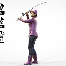 n3 standing fisher woman fishing rod miniature human posing body character person printable figure people fish hat sport lancer 1-64 3d-print miniatures figurines 3d print model - Mito3D