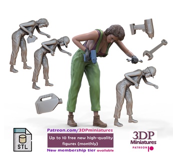 n3 Kadın tamirci inşaat çalışan minyatür 3d print minyatürler figürinler 3dp miniatures diyorama heykelcik döküm figures woman mechanic tekerlek araba mekanik tulum 3dprint şapka 3d print model - Mito3D