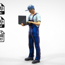 n8 mechanic diagnose car laptop art miniature posing printable crew pit figure hood 1-64 tuneup 3d print model - Mito3D