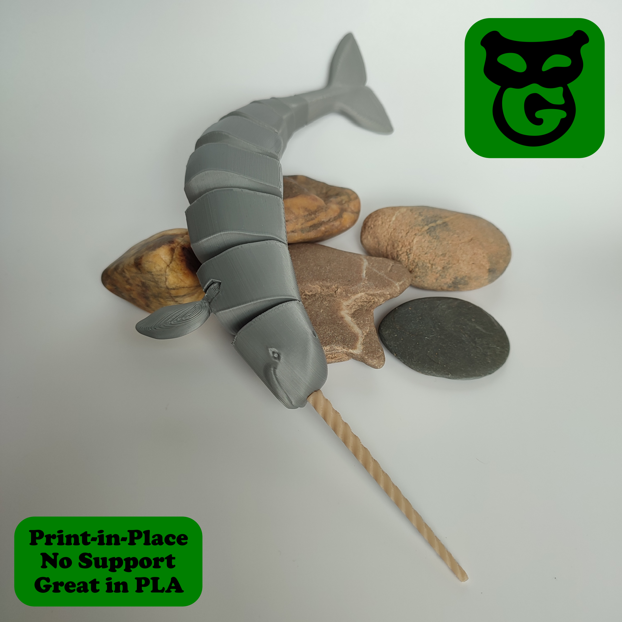 narval flexi flexível mamífero baleia brinquedo articulado print in place arte animal realista fábrica mar oceano 3D print model - Mito3D