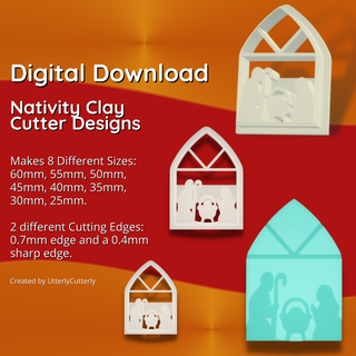 nativity scene tile clay cutter - christmas winter stl digital file download- 8 sizes 2 versions earring polymer geometric embossed hexagon utterlycutterly utterly cutterly cookie fondant organic shape indie fashion 3d print model - Mito3D