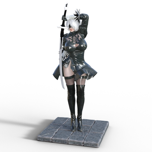 nier 2b automates 3dprint 2 sculpture Nier Automates YoRHa Jeu Jeux yorha ヨルハ2号b型 carré natadu pose fanart fille femme Android épée guerrier 3D print model - Mito3D