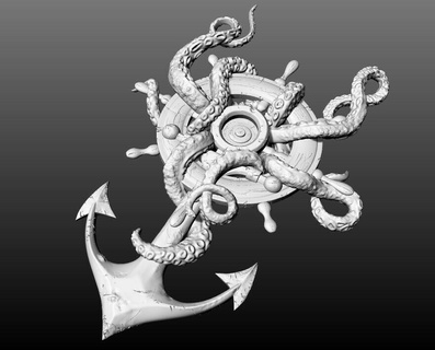 poulpe ancre pendentif mer bijoux or Marin pirate art boussole ruban godille pendentifs argent imprimable sculptures Collier bijou 3d print model - Mito3D