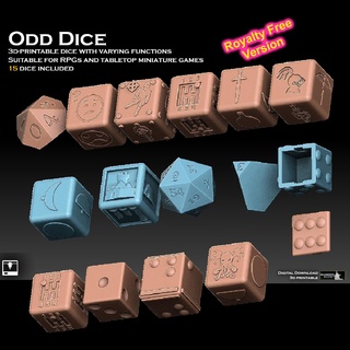 odd dice pack royalty free version die d6 d10 d12 d20 gear equipment chtulhu box dwelling settlement braille random d3 d4 3d print model - Mito3D