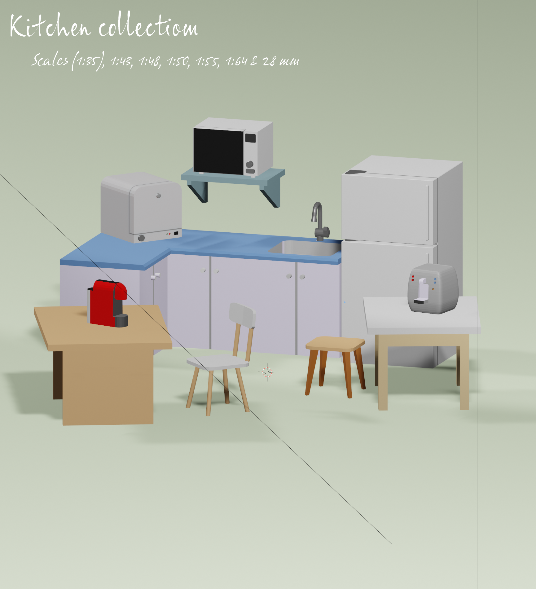 Büro Küche Sammlung 1 35 43 50 64 28 mm Stadt modern Möbel Stuhl Tabelle Kühlschrank Kaffee Geschirrspüler Mikrowelle Kühler 3D print model - Mito3D