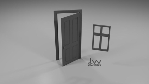 old wooden door + window - 1 35 ww2 building elements hobby diorama ww1 model making modeling accessories 3d print model - Mito3D