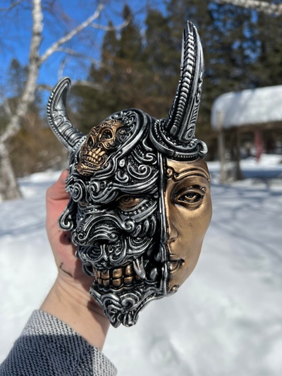 oni 2 visage mur décor art sculpture mythique ancien filigrane monstre masque 3d print model - Mito3D