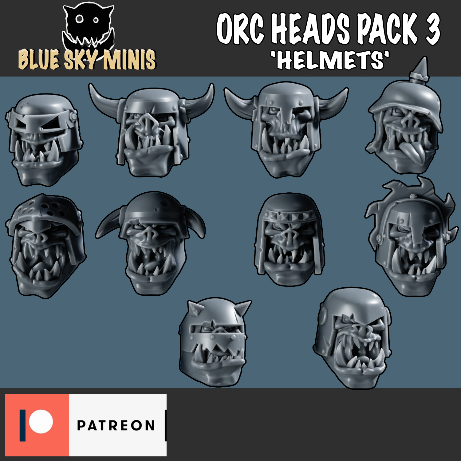 orc heads pack 3 'helmets' ork goblin miniature 28mm table top paint mini grim dark game war 32mm 3D print model - Mito3D