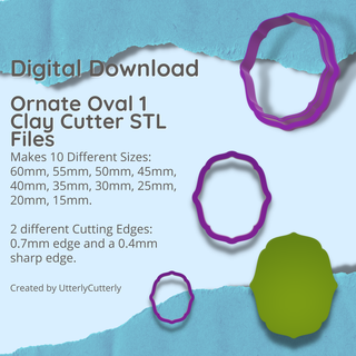 ornate oval 1 clay cutter - stl digital file download- 10 sizes 2 versions earring polymer geometric embossed hexagon utterlycutterly utterly cutterly cookie fondant organic shape indie fashion 3d print model - Mito3D