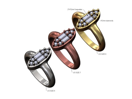 ovale baguette diamants grappe sceau us tailles 6 7 8 3d impression modèle diamant bague bijoux vintag classique imprimable or argent mode 3d print model - Mito3D
