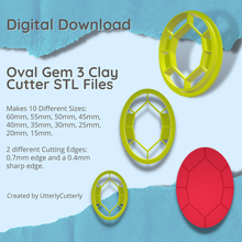 oval gem 3 clay cutter - jewel stl digital file download- 10 sizes 2 versions earring polymer geometric embossed hexagon utterlycutterly utterly cutterly cookie fondant organic shape indie fashion 3d print model - Mito3D