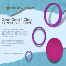 oval gem clay cutter - jewel stl digital file download- 10 sizes 2 versions earring polymer geometric embossed hexagon utterlycutterly utterly cutterly cookie fondant organic shape indie fashion 3d print model - Mito3D