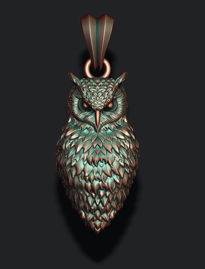 búho colgante pendiente 3d impresión modelo joyería joya 583 585 925 vestir pájaro pluma ave volar robar oro naturaleza plata zbrush collar ol oul 3d print model - Mito3D