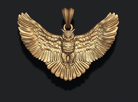 owl pendant 3d print model jewelry 583 585 925 apparel bird feather featherbird fly fure gold jewel jewellery jewelry nature silver zbrush necklace ol oul 3d print model - Mito3D