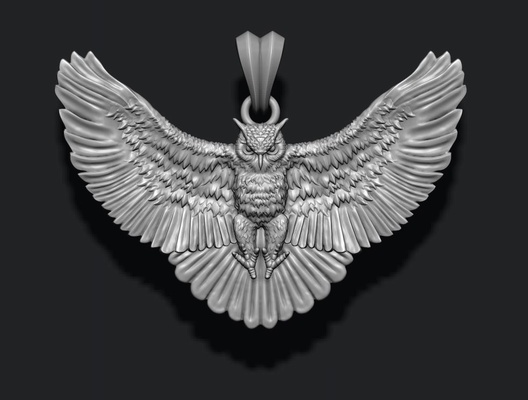 owl pendant basrelief 3d print model jewelry apparel bird feather fly fure jewel jewellery jewelry nature silver zbrush necklace ol oul bas relief barelief gorelief 3d print model - Mito3D