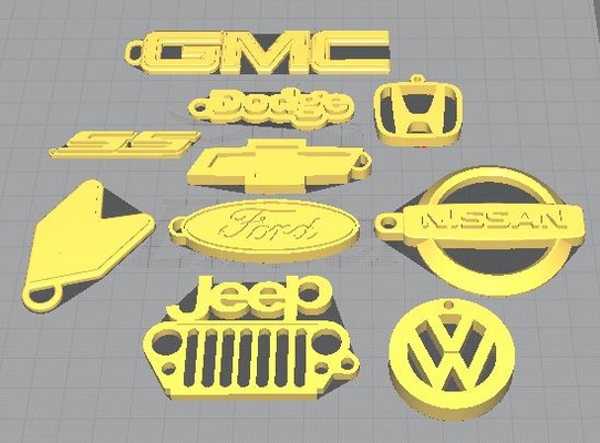 pack 10 car brands key rings keychain cars brand vw nissan jeep gmc chevrolet ss dodge ford 3d print model - Mito3D