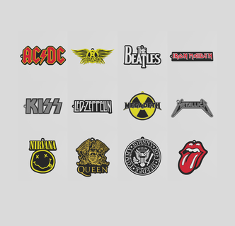 pack 12 classic rock bands key rings keychain plate acdc aerosmith beatles iron maiden kiss led zeppelin megadeth metalica nirvana queen ramones rolling stones accessory metal logo 3d print model - Mito3D