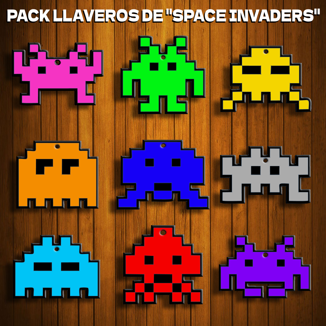 pack 9 key rings space invaders - chain keychain retro video game console 3D print model - Mito3D