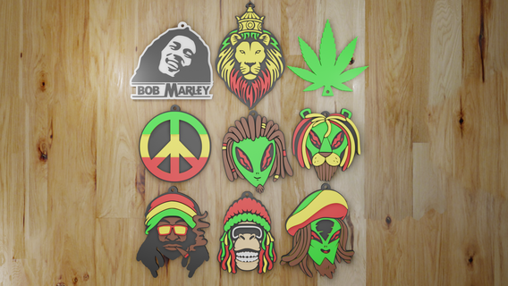 paquete 9 reggae llave anillos llavero cadena Beto Marley marijuana símbolo paz droga 3d print model - Mito3D