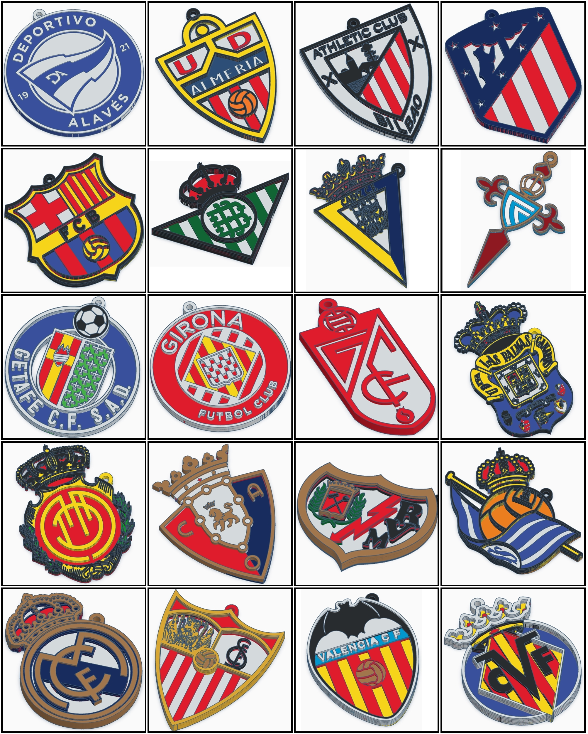 paquete of 20 español liga llave anillos 2024 alaves almería bilbao barcelona broma cádiz celta vigo getafe girona granada palmas mallorca salud rayo vallecano real sociedad madrid sevilla valencia villarreal 3D print model - Mito3D