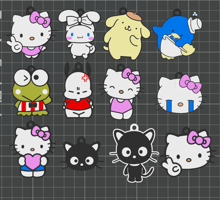 pack stl kitty personajes 12 llaveros jewelry cinnamoroll pompompurin 3d print model - Mito3D