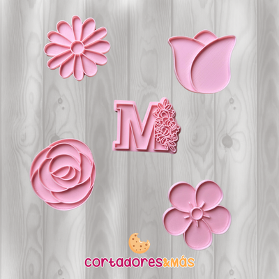 pack x5 cutter cookie stamp mothers day flowers - tools cookies fondant art cupcake seal royal icing mom mommy mother breast molds 3d print model - Mito3D