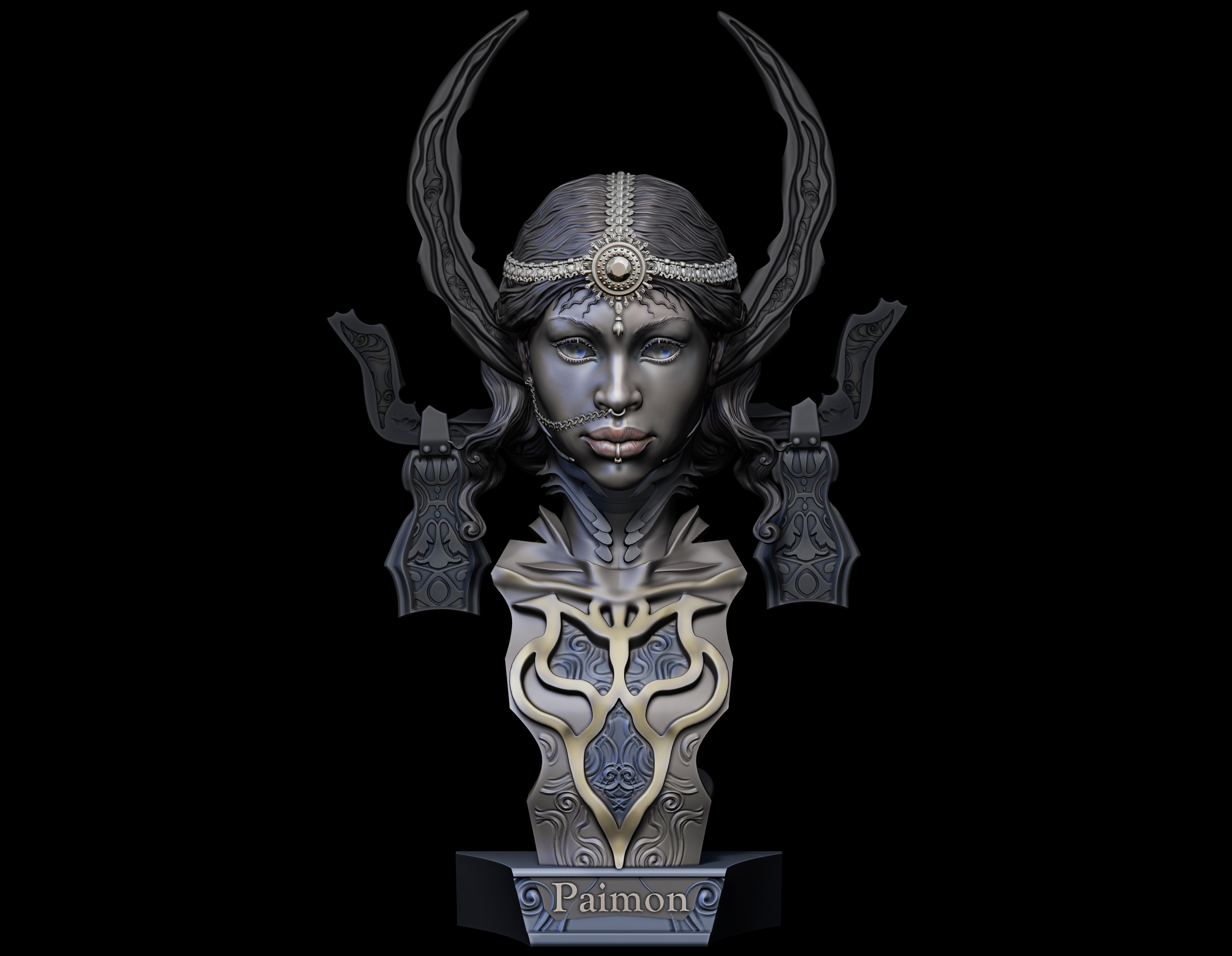 paimon demon woman character human printable body jewelry horn camel sword dark beautiful miniature figurine sculpture statue printing miniatures figurines 3D print model - Mito3D