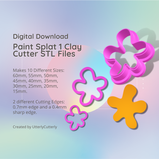 paint splat 1 clay cutter - hand drawn flower stl digital file download- 10 sizes 2 earring versions cookie Jewelry polymer geometric embossed hexagon utterlycutterly utterly cutterly fondant organic shape indie fashion 3d print model - Mito3D