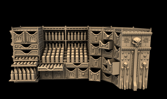 painter's fortress - chaos theme painter paint station shelves dropper stand brush holder 3d print model - Mito3D
