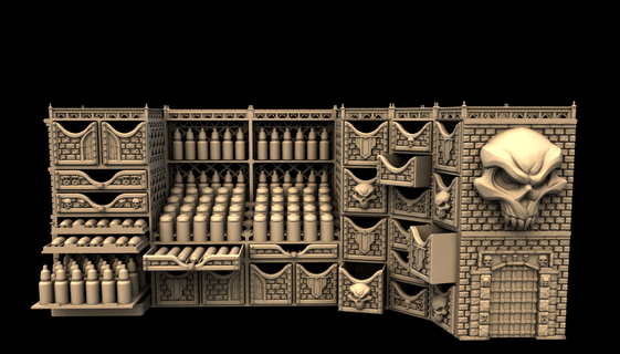 painter's fortress - dungeon theme painter paint station shelves dropper stand brush holder 3d print model - Mito3D