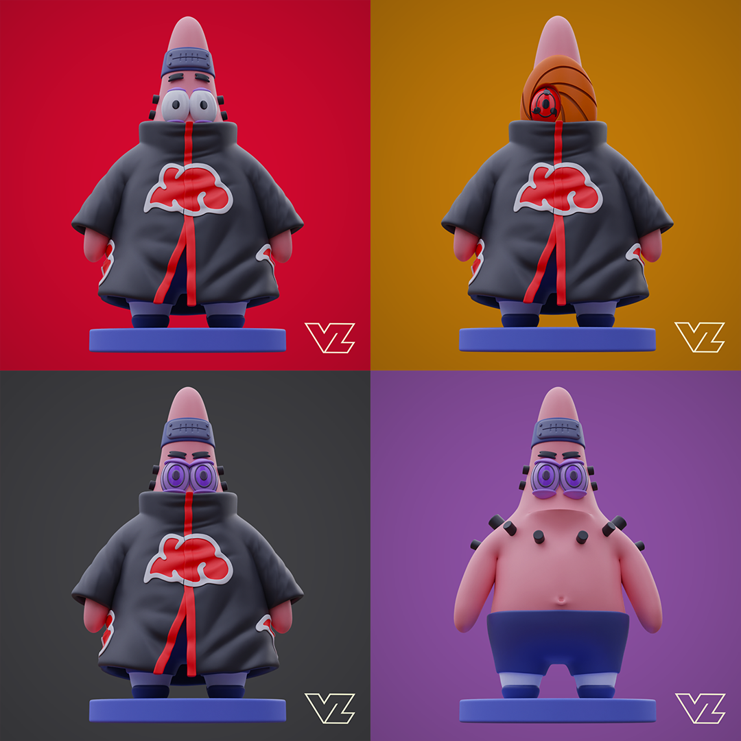 patrick estrela akatsuki 4 in 1 jogos esponja prumo bob esponja gary nickelodeon desenho animado fofa brinquedos lula unha naruto sasuke tobi madara uchiha sargingan rinnegan 3D print model - Mito3D