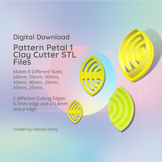 pattern petal 1 clay cutter - tribal stl digital file download- 8 sizes 2 earring versions cookie polymer geometric embossed hexagon utterlycutterly utterly cutterly fondant organic shape indie circle moon 3d print model - Mito3D