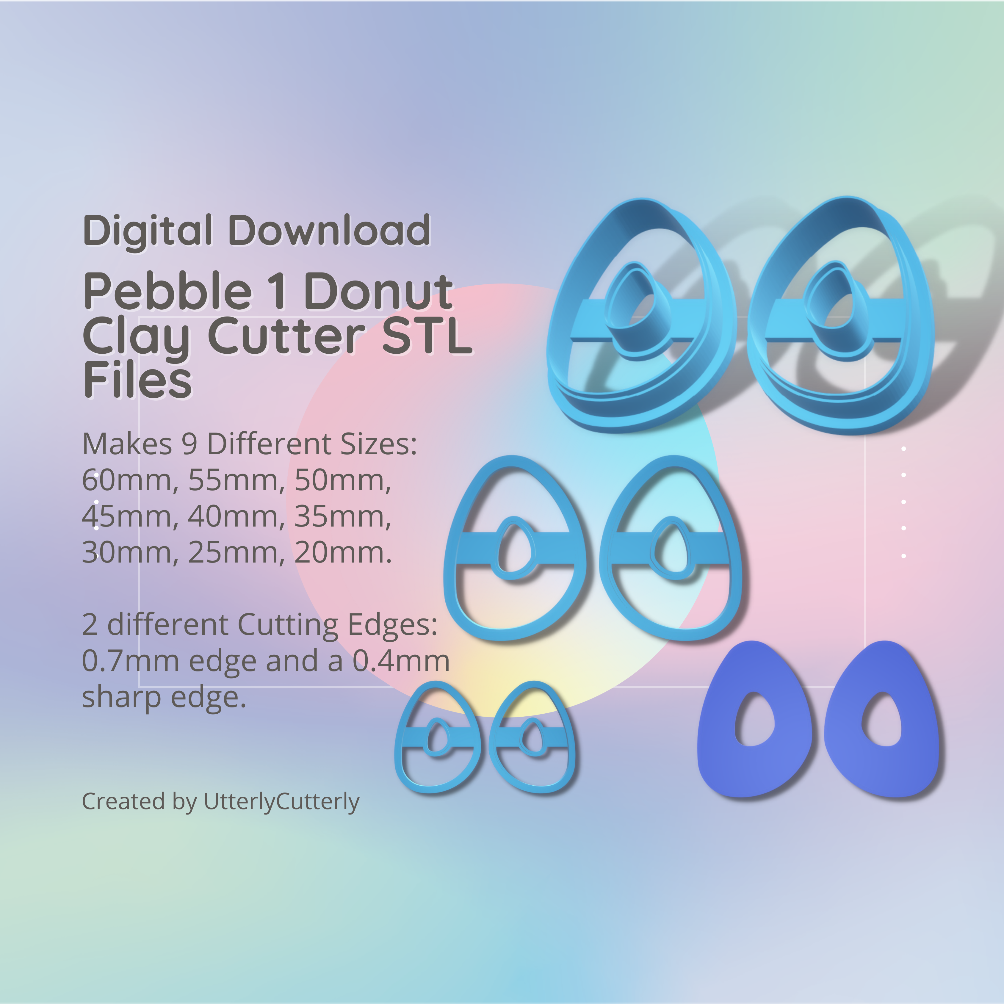 pebble 1 donut clay cutter - organic digital file download- 9 sizes 2 versions earrings pendant barrette Jewelry earring polymer geometric embossed hexagon utterlycutterly utterly cutterly cookie fondant shape indie fashion 3D print model - Mito3D