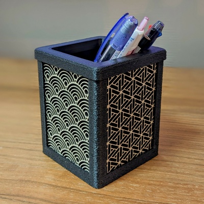 pen holder japanese style panel inlays organizer kumiko pattern 3d print model - Mito3D