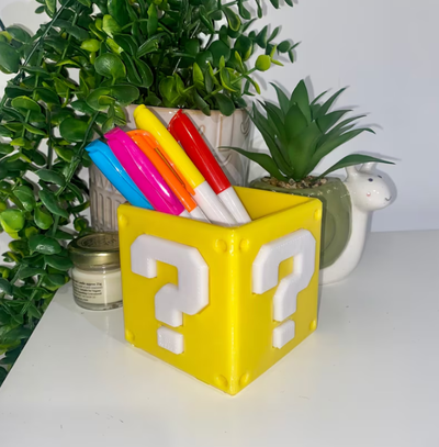 caneta suporte marca quadra armazenamento mistério ferramentas porta canetas lápis decoração casa caixa cubo mario super 3d print model - Mito3D