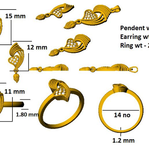pendente impostato gioielleria pendente+orecchino+anello 3D print model - Mito3D