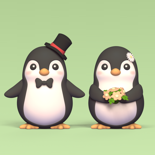 pinguim casal Casamento bolo chapéu coco pinguins fofa 3D print model - Mito3D