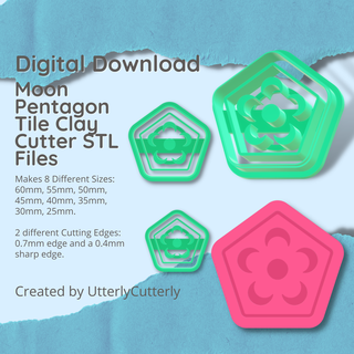 pentagon moon clay cutter - embossed stl digital file download- 8 sizes 2 versions earring polymer geometric hexagon utterlycutterly utterly cutterly cookie fondant organic shape indie fashion 3d print model - Mito3D