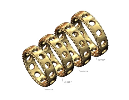 perforated braided rope sides band us sizes 6to9 3d print model holes wire ring jewellery jewelry gold silver printable stacker stackable statement fashion 3d print model - Mito3D