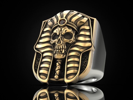 pharaoh skull ring egypt egyptian faraon jewelry mummy pyramid tutanhamon gem rings pharaon jewellery printing gold silver biker blackening texture 3d print model - Mito3D