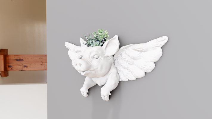 schwein flügel mauer montieren pflanzer topf blume vase stl 3d drucken datei zuhause haus bauernhof geflügel haustiere dschungel safari miniatur tischplatte tiere skulptur dekor 3d print model - Mito3D